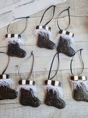 Checked Christmas Tree Ornaments Set of 7 Black and White Check Stocking Decor